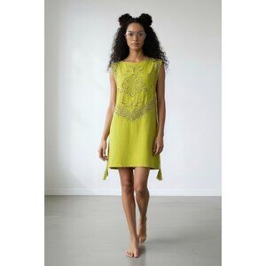 Free People Winifred Chartreuse Mini Dress Side Tassel Ties Lace Embroidery NWOT